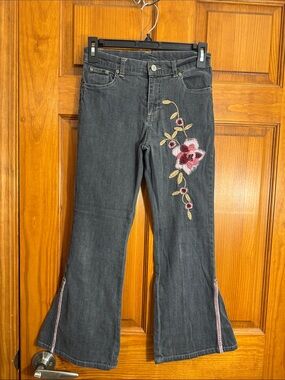 Mary-Kate and Ashley Embroidered Charcoal Wide-Leg Jeans with Floral Accent Y2K